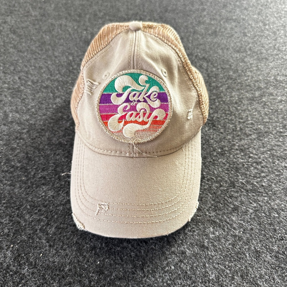 Judith March Cap Tan Take It Easy Retro Rainbow Patch Distressed Trucker Hat